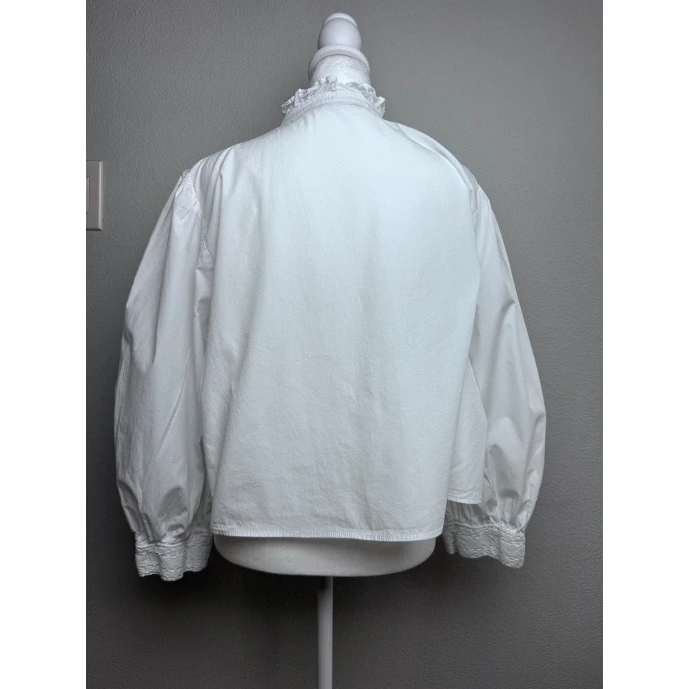 Zara White Cotton‎ Eyelet Lace Ruffle Collar Puff Sleeve Blouse XL Victorian